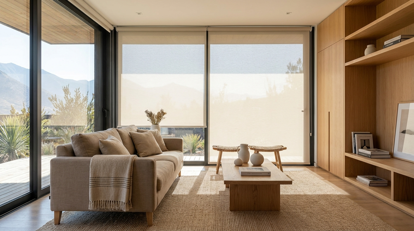 Living moderno chileno con cortina roller a medida