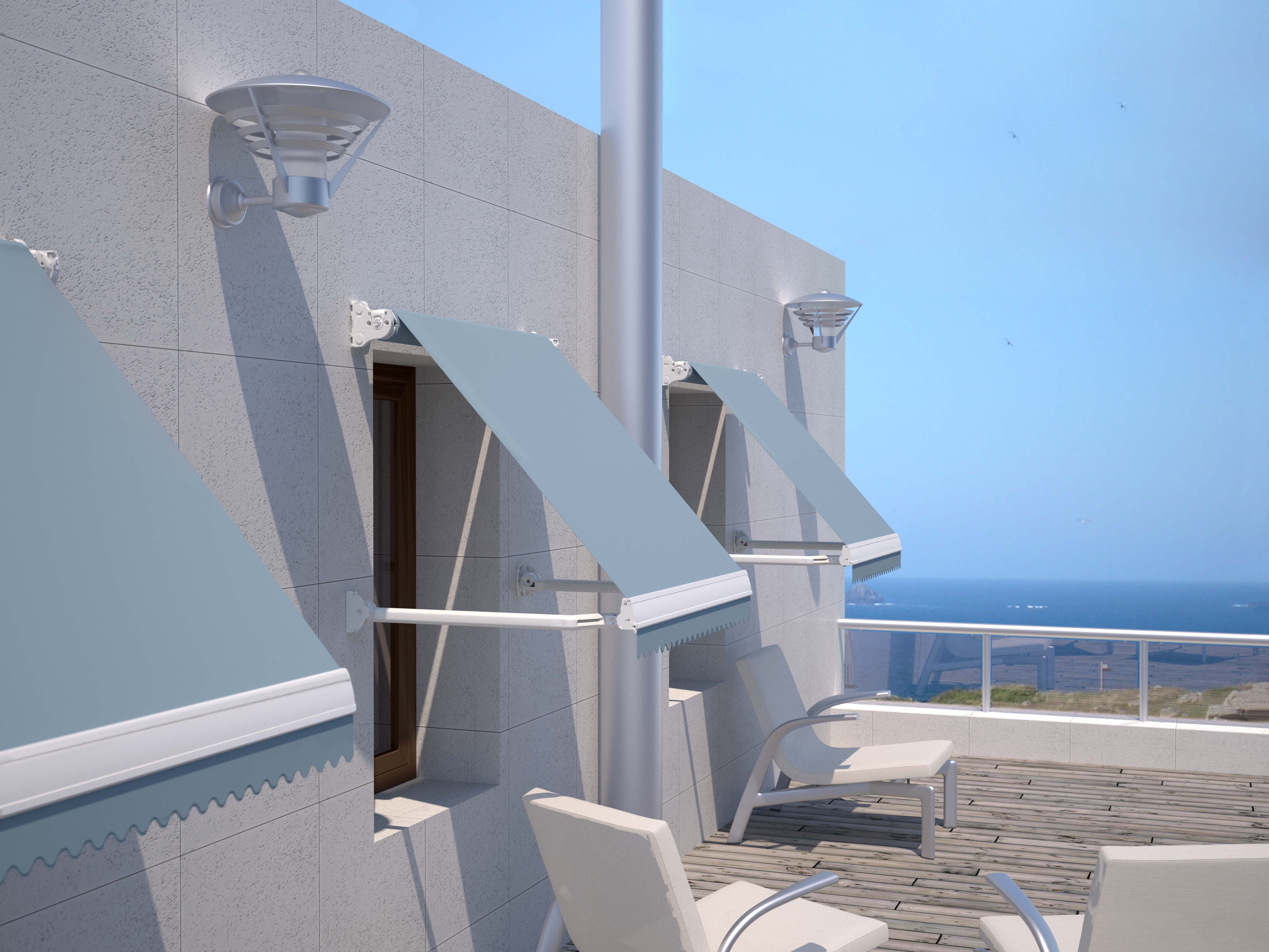 Toldos verticales en una terraza frente al mar