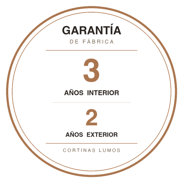 Sello de garantía Cortinas Lumos: 3 años en interior y 2 años en exterior