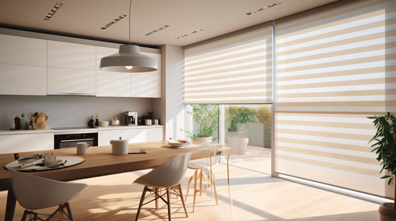 Cortinas roller duo en cocina comedor con isla