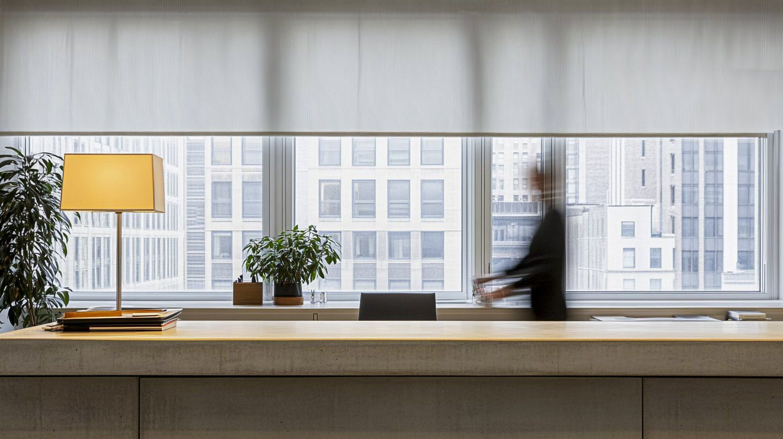 Oficina con ventanal continuo y cortinas roller